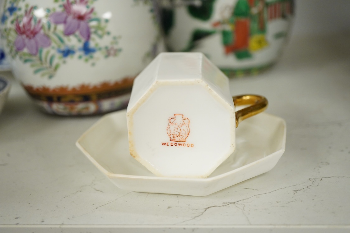 A Chinese ginger jar, Samson ginger jar, Hilditch cup and saucer, other tableware to include coffee cans, largest 15cm high